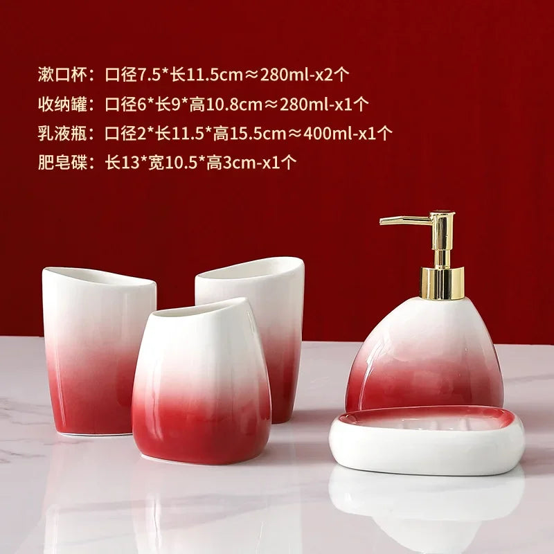 Gradient Red Ceramic Soap Dispenser Set Hotel Dish Mouthwash Cup Home Bathroom Supplies Accessories Wedding Gifts Soap Dish
