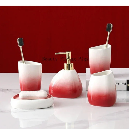 Gradient Red Ceramic Soap Dispenser Set Hotel Dish Mouthwash Cup Home Bathroom Supplies Accessories Wedding Gifts Soap Dish