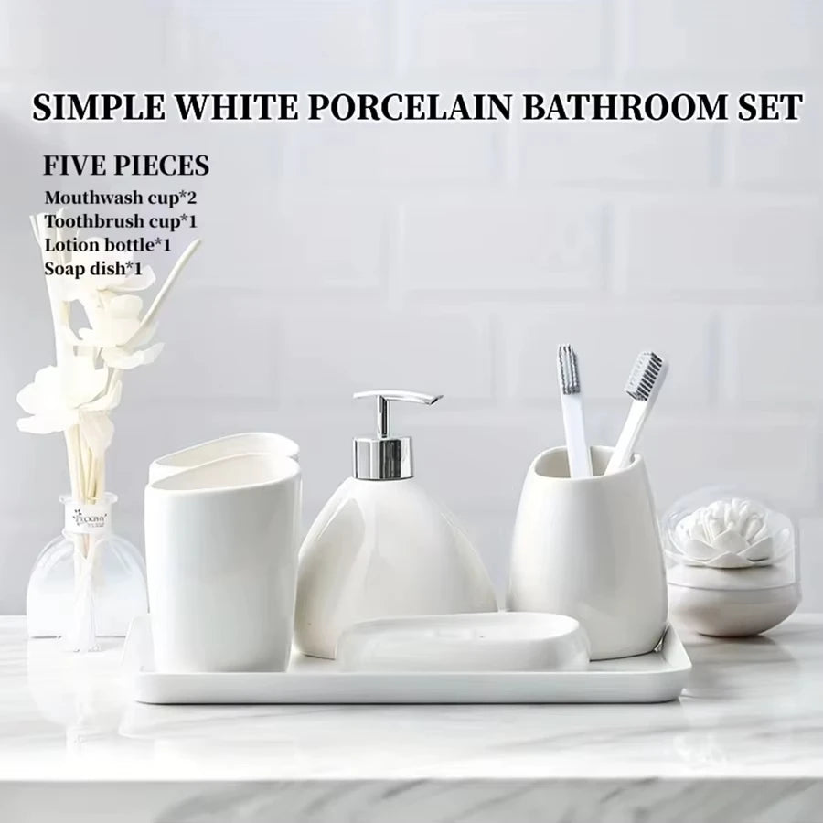 UNTIOR Nordic Bathroom Wash Accessory White Ceramic Soap Dispenser Bottle Mouthwash Cup Soap Dish Toothbrush Cup Set
