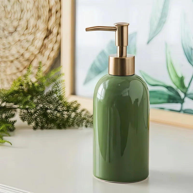 Ceramic Soap Dispenser Green with Gold Pump,Refillable Liquid Hand Soap Dispenser for Kitchen,Bathroom,Washroom