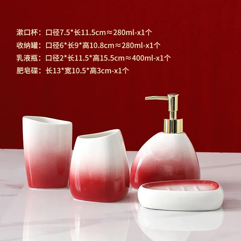 Gradient Red Ceramic Soap Dispenser Set Hotel Dish Mouthwash Cup Home Bathroom Supplies Accessories Wedding Gifts Soap Dish