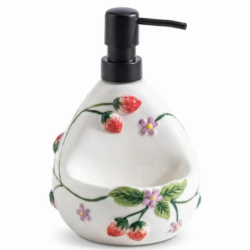 Soap Dispenser with Sponge Holder, Sink Side Hand Wash Dispenser for Bathroom or Kitchen Use, Dark Top With Fruit Pattern D2RD