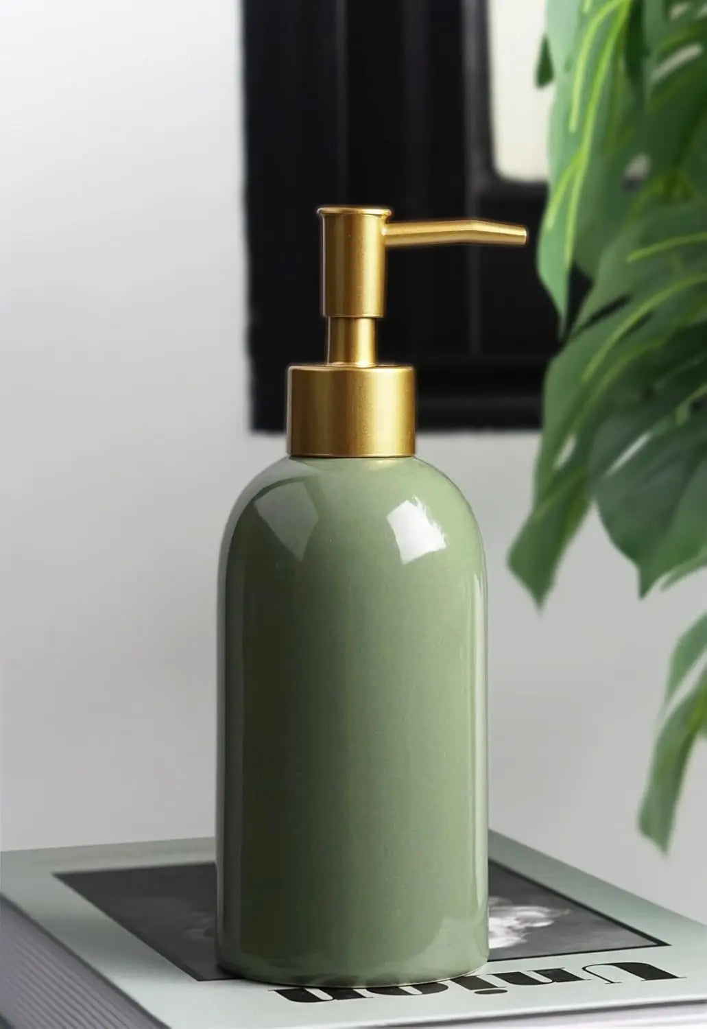 Ceramic Soap Dispenser Green with Gold Pump,Refillable Liquid Hand Soap Dispenser for Kitchen,Bathroom,Washroom