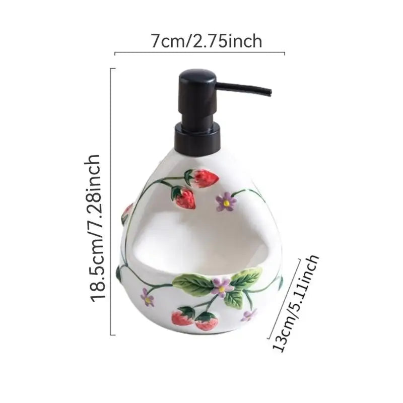 Soap Dispenser with Sponge Holder, Sink Side Hand Wash Dispenser for Bathroom or Kitchen Use, Dark Top With Fruit Pattern D2RD