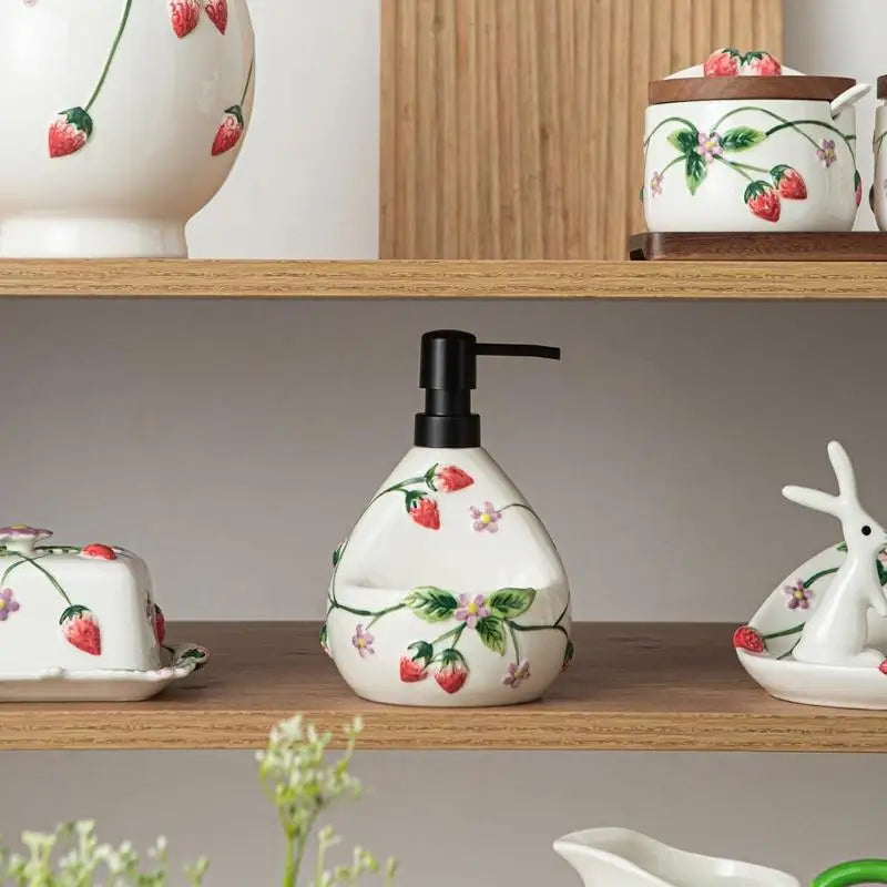 Soap Dispenser with Sponge Holder, Sink Side Hand Wash Dispenser for Bathroom or Kitchen Use, Dark Top With Fruit Pattern D2RD