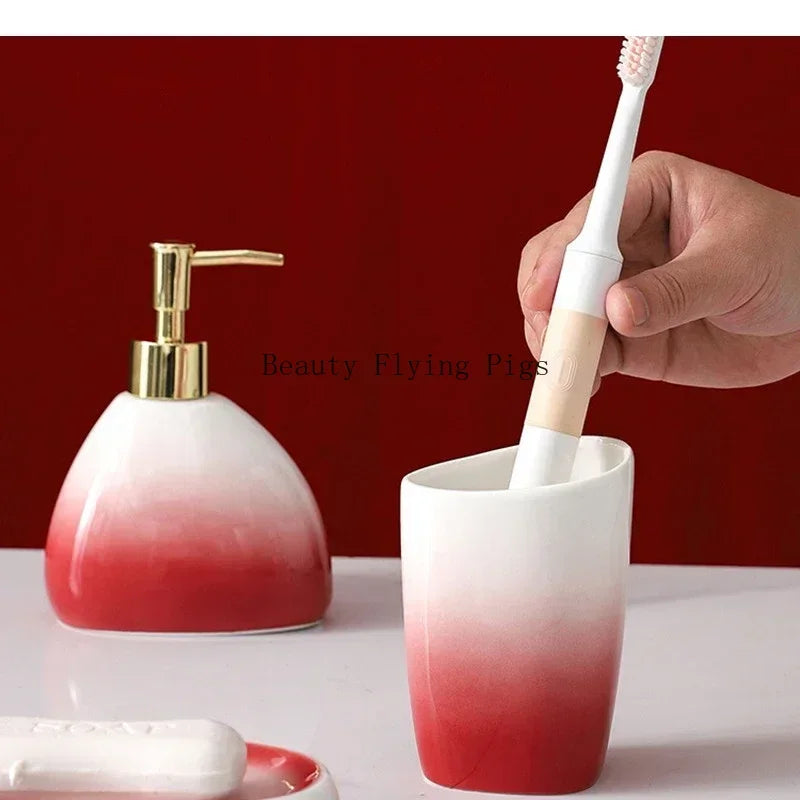Gradient Red Ceramic Soap Dispenser Set Hotel Dish Mouthwash Cup Home Bathroom Supplies Accessories Wedding Gifts Soap Dish