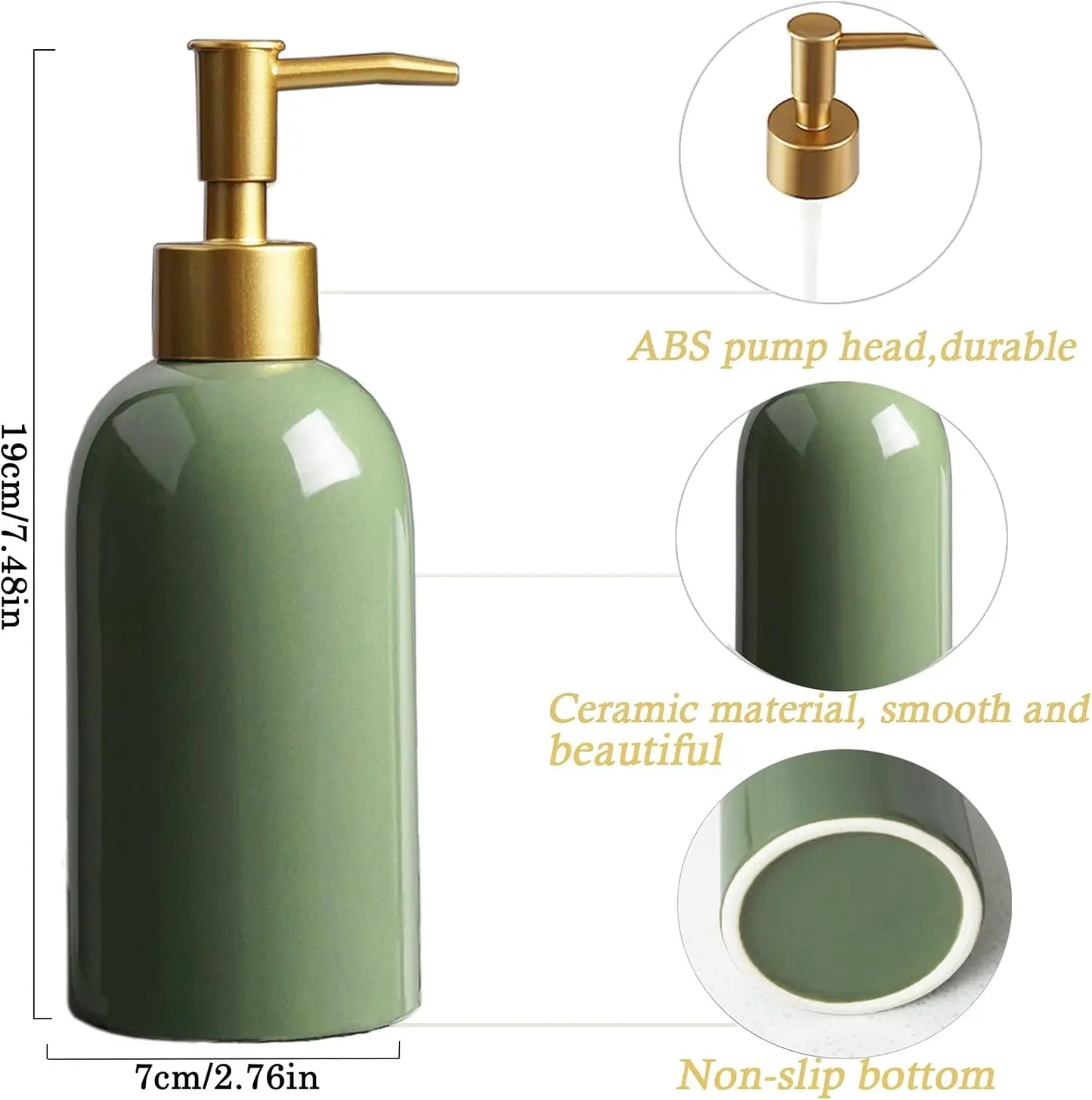 Ceramic Soap Dispenser Green with Gold Pump,Refillable Liquid Hand Soap Dispenser for Kitchen,Bathroom,Washroom
