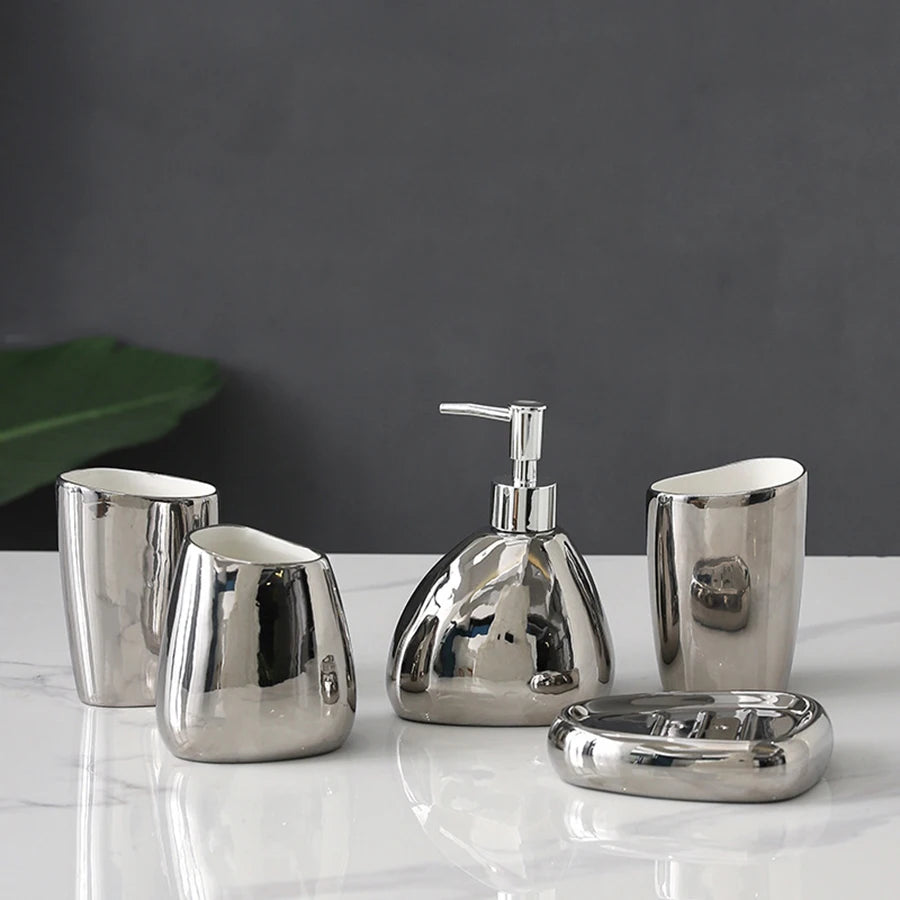 UNTIOR Nordic Bathroom Wash Accessory White Ceramic Soap Dispenser Bottle Mouthwash Cup Soap Dish Toothbrush Cup Set