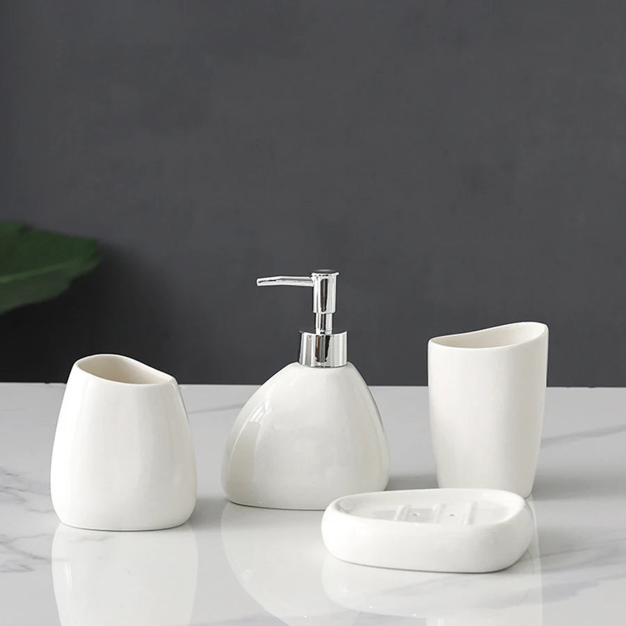 UNTIOR Nordic Bathroom Wash Accessory White Ceramic Soap Dispenser Bottle Mouthwash Cup Soap Dish Toothbrush Cup Set