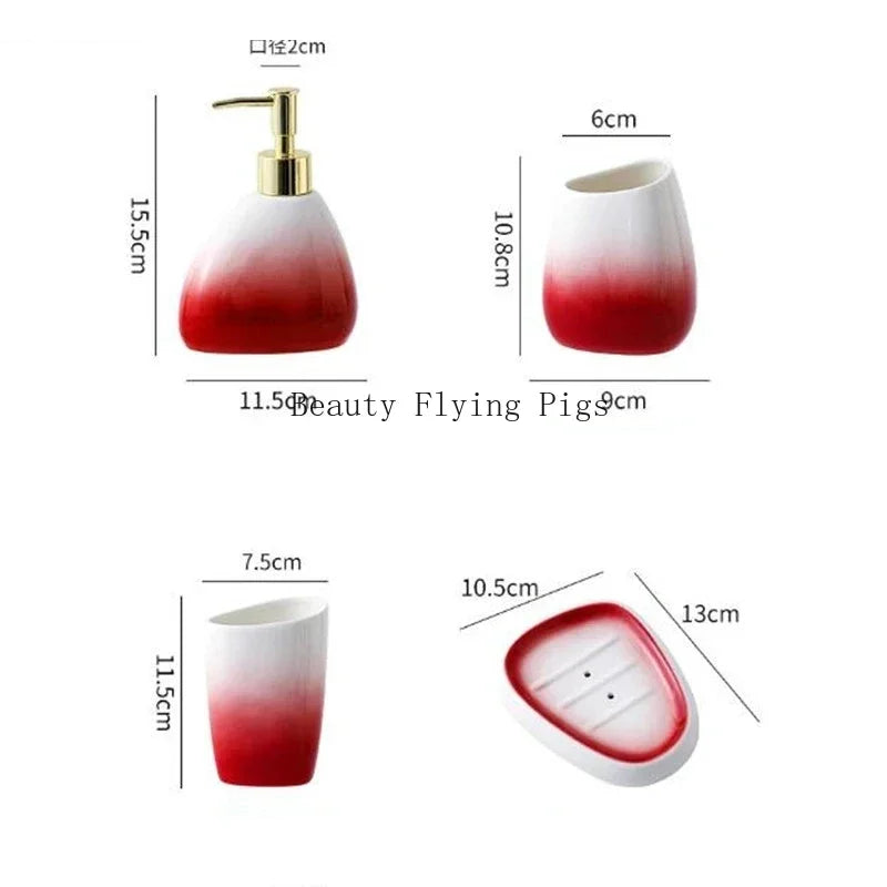 Gradient Red Ceramic Soap Dispenser Set Hotel Dish Mouthwash Cup Home Bathroom Supplies Accessories Wedding Gifts Soap Dish