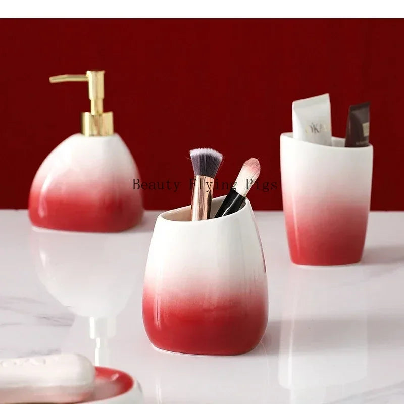 Gradient Red Ceramic Soap Dispenser Set Hotel Dish Mouthwash Cup Home Bathroom Supplies Accessories Wedding Gifts Soap Dish