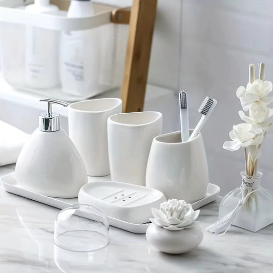 UNTIOR Nordic Bathroom Wash Accessory White Ceramic Soap Dispenser Bottle Mouthwash Cup Soap Dish Toothbrush Cup Set