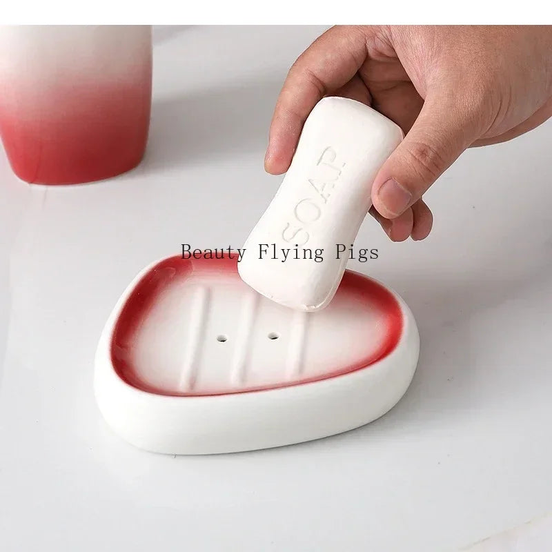 Gradient Red Ceramic Soap Dispenser Set Hotel Dish Mouthwash Cup Home Bathroom Supplies Accessories Wedding Gifts Soap Dish