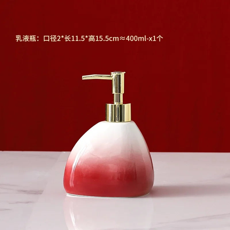 Gradient Red Ceramic Soap Dispenser Set Hotel Dish Mouthwash Cup Home Bathroom Supplies Accessories Wedding Gifts Soap Dish