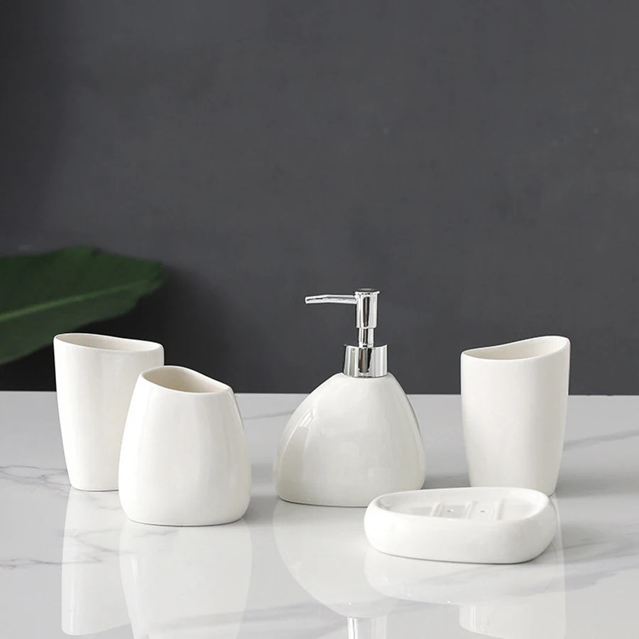UNTIOR Nordic Bathroom Wash Accessory White Ceramic Soap Dispenser Bottle Mouthwash Cup Soap Dish Toothbrush Cup Set