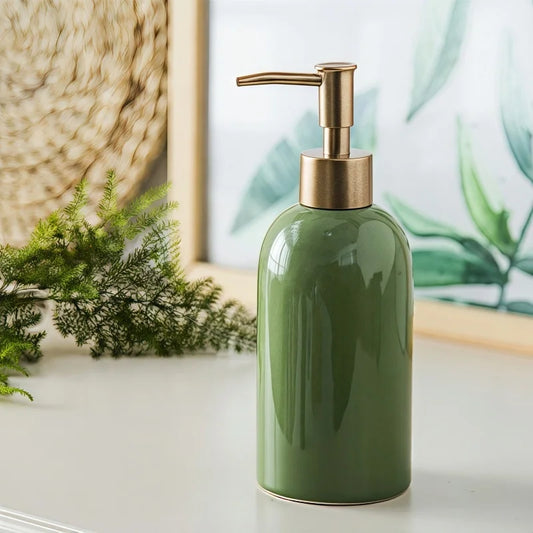 Ceramic Soap Dispenser Green with Gold Pump,Refillable Liquid Hand Soap Dispenser for Kitchen,Bathroom,Washroom