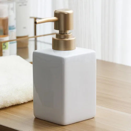 White Ceramic Soap Dispenser Hotel Bathroom Lotion Bottle Shampoo Moisture Bottling Gold Press Soap Bottle Bathroom Accessories