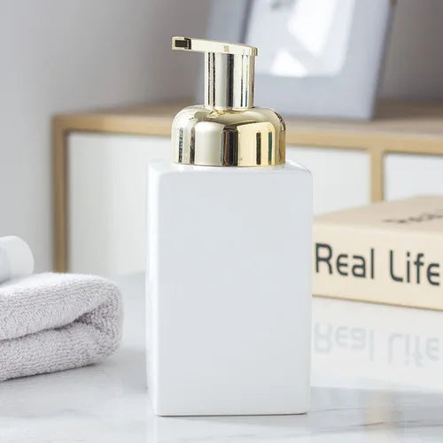 White Ceramic Soap Dispenser Hotel Bathroom Lotion Bottle Shampoo Moisture Bottling Gold Press Soap Bottle Bathroom Accessories