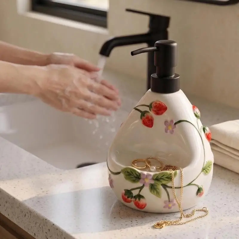 Soap Dispenser with Sponge Holder, Sink Side Hand Wash Dispenser for Bathroom or Kitchen Use, Dark Top With Fruit Pattern D2RD