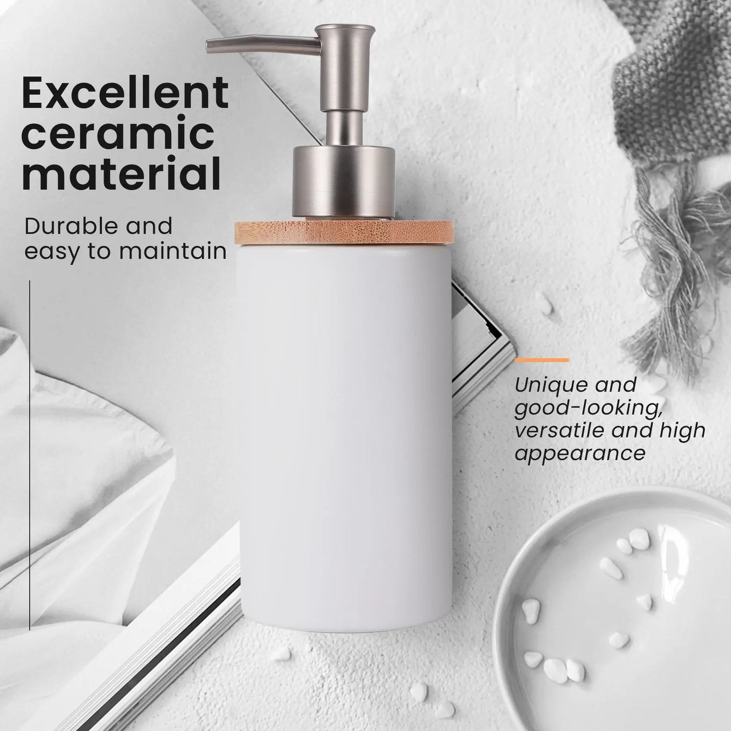 400Ml Ceramic Soap Dispenser, Nordic Style, Lotion Dispenser Soap Dispenser for Kitchen and Bathroom -White