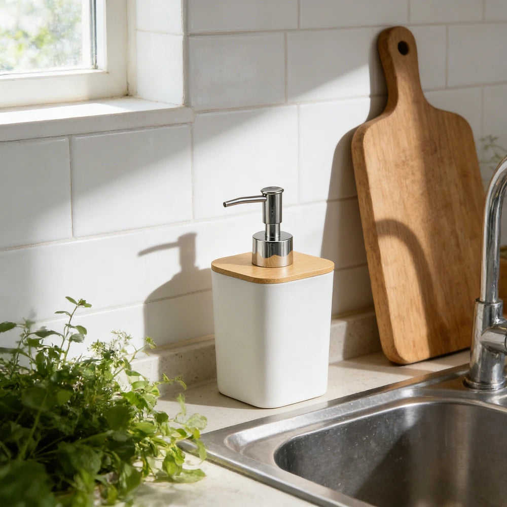 Bamboo soap Dispenser, soap Dispenser for Kitchen Sink, Refillable Liquid Great for Bathroom bar Sinks Decorative