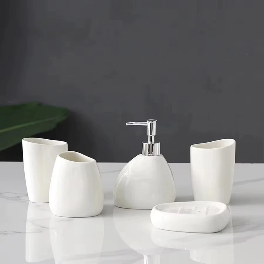 UNTIOR Nordic Bathroom Wash Accessory White Ceramic Soap Dispenser Bottle Mouthwash Cup Soap Dish Toothbrush Cup Set